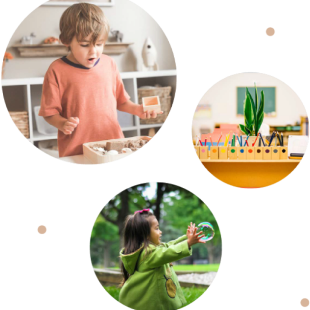 Three circular images: a boy playing indoors with a sensory bin, a desk with art supplies and a plant, and a girl playing with a bubble outdoors.